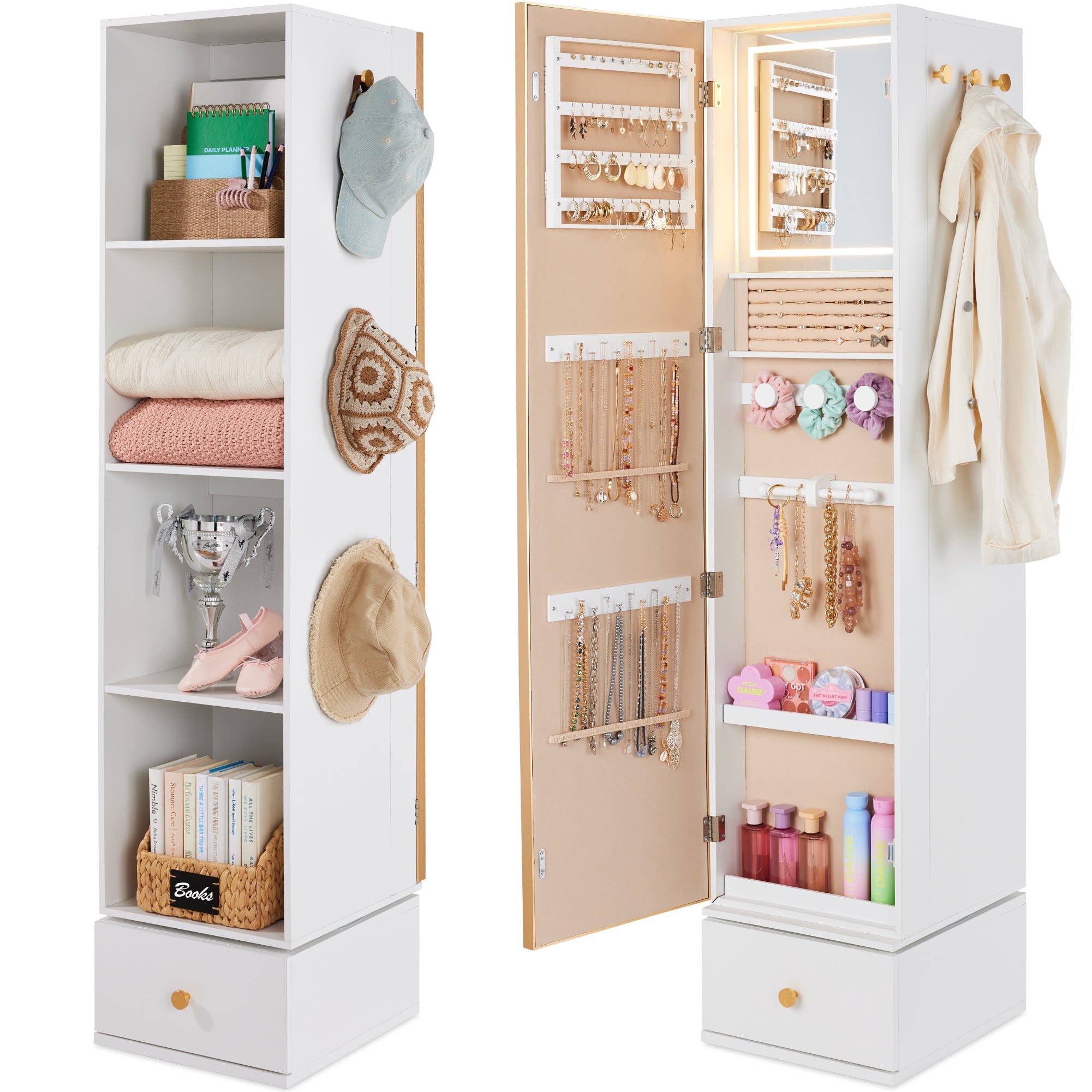 Rotating Mirror w/ Storage Cabinet Swivel Jewelry Armoire Shelves Hooks