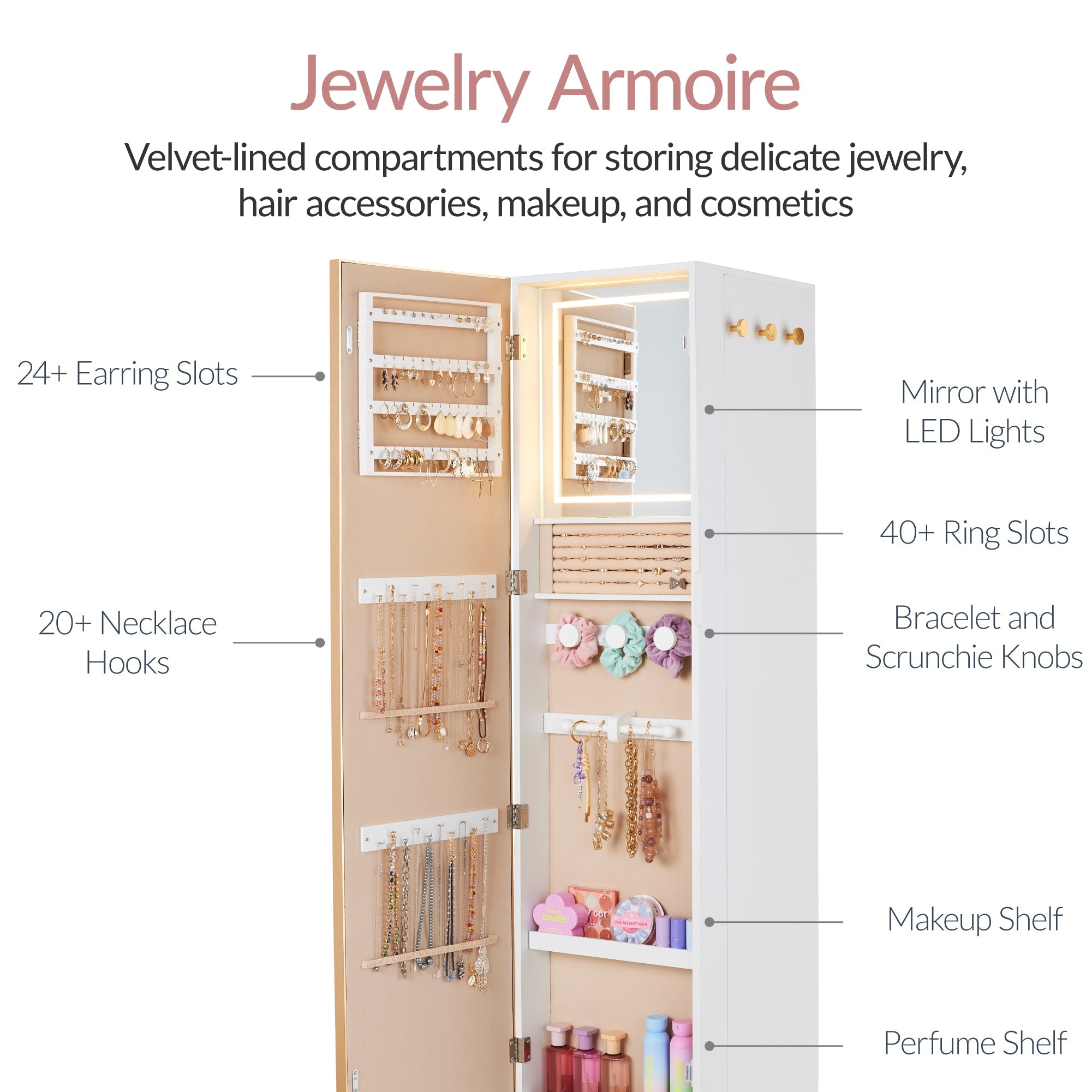 Rotating Mirror w/ Storage Cabinet Swivel Jewelry Armoire Shelves Hooks