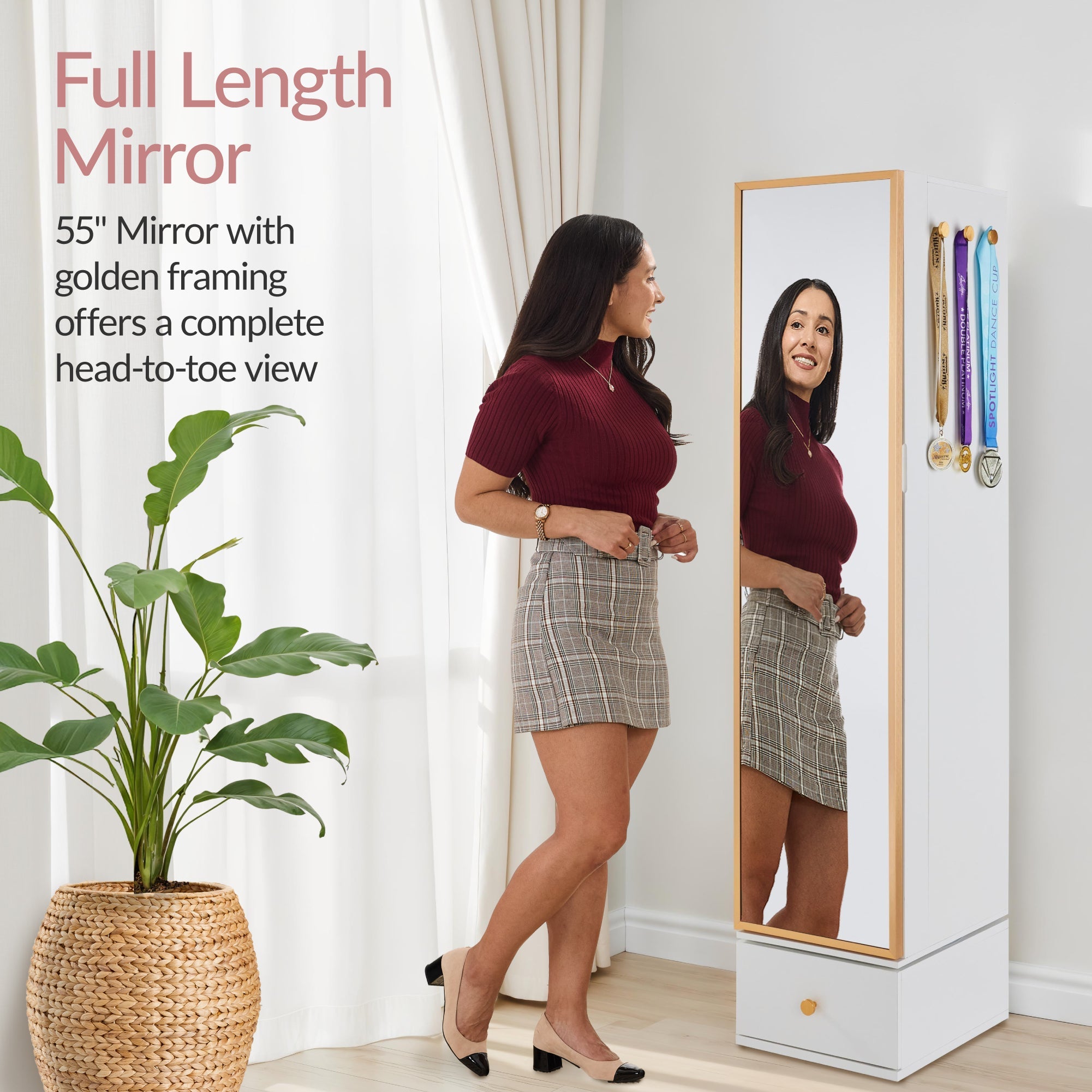 Rotating Mirror w/ Storage Cabinet Swivel Jewelry Armoire Shelves Hooks