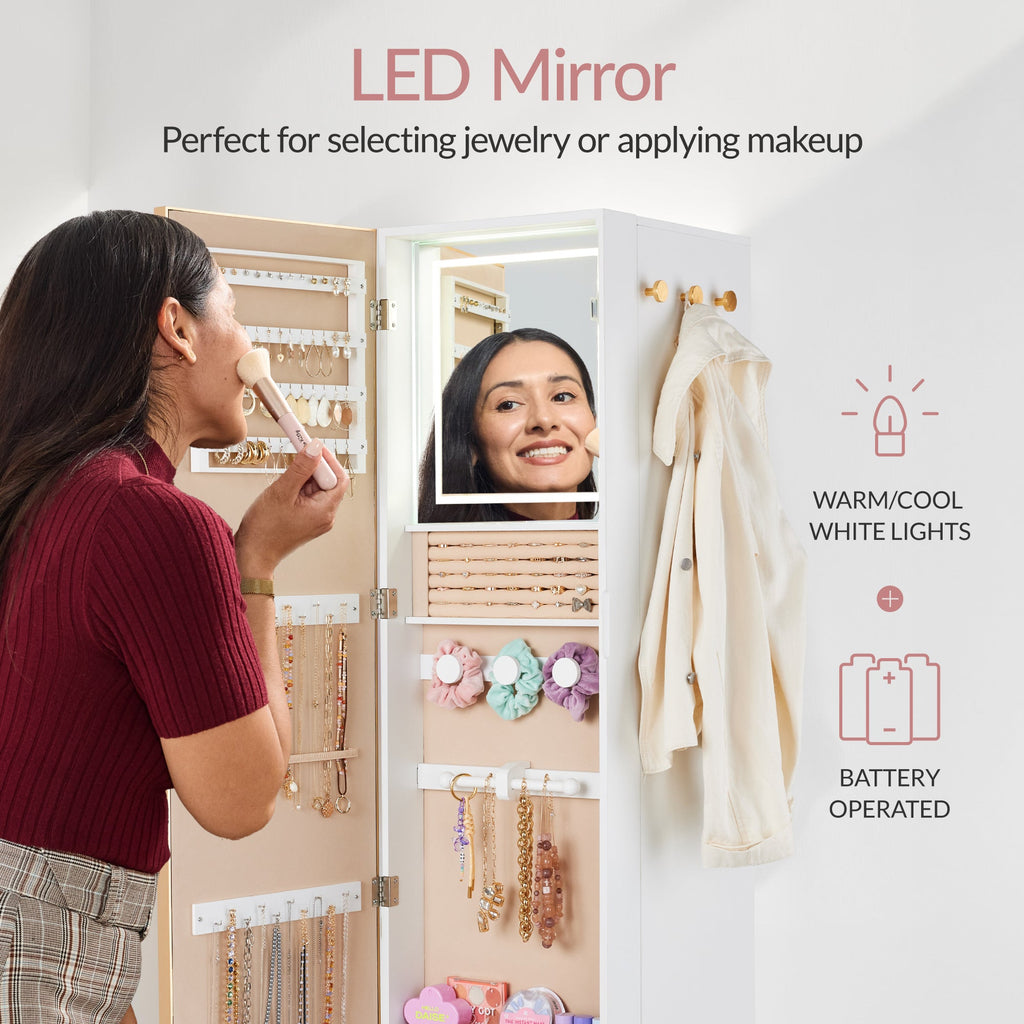 Rotating Mirror w/ Storage Cabinet Swivel Jewelry Armoire Shelves Hooks