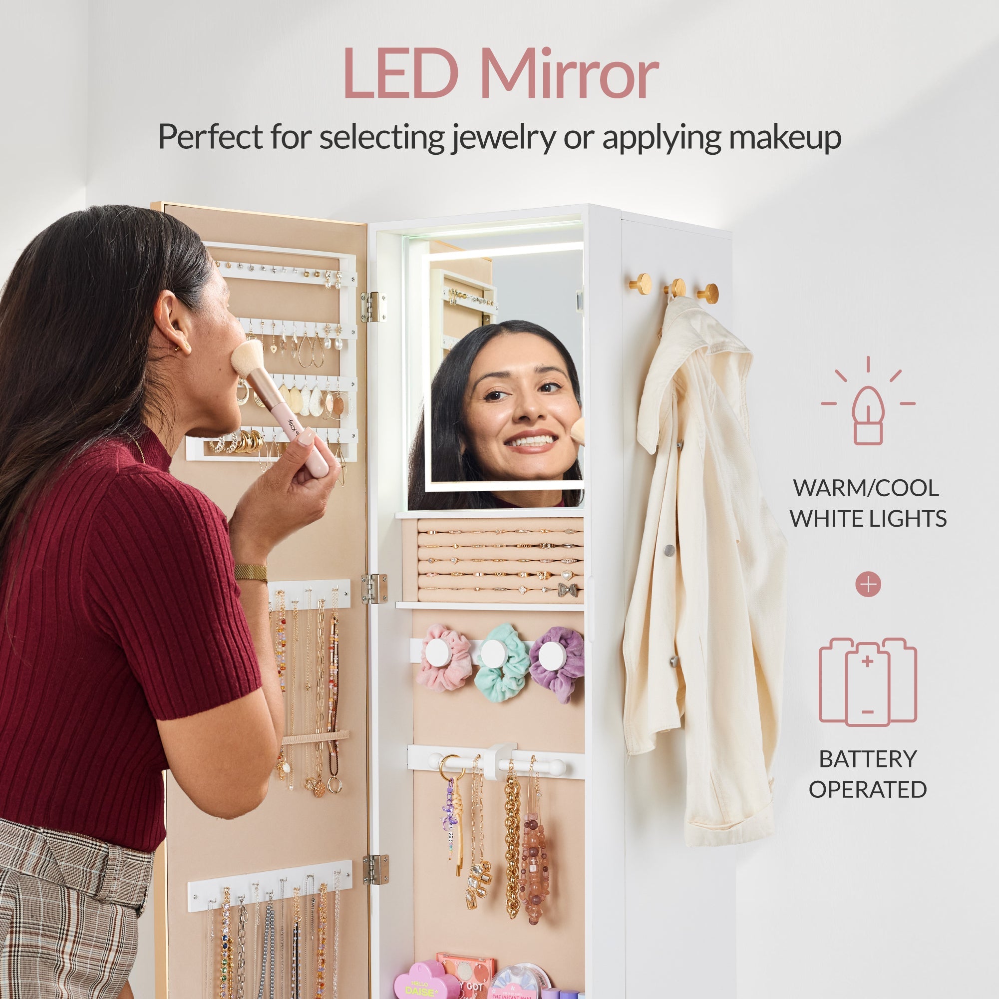 Rotating Mirror w/ Storage Cabinet Swivel Jewelry Armoire Shelves Hooks