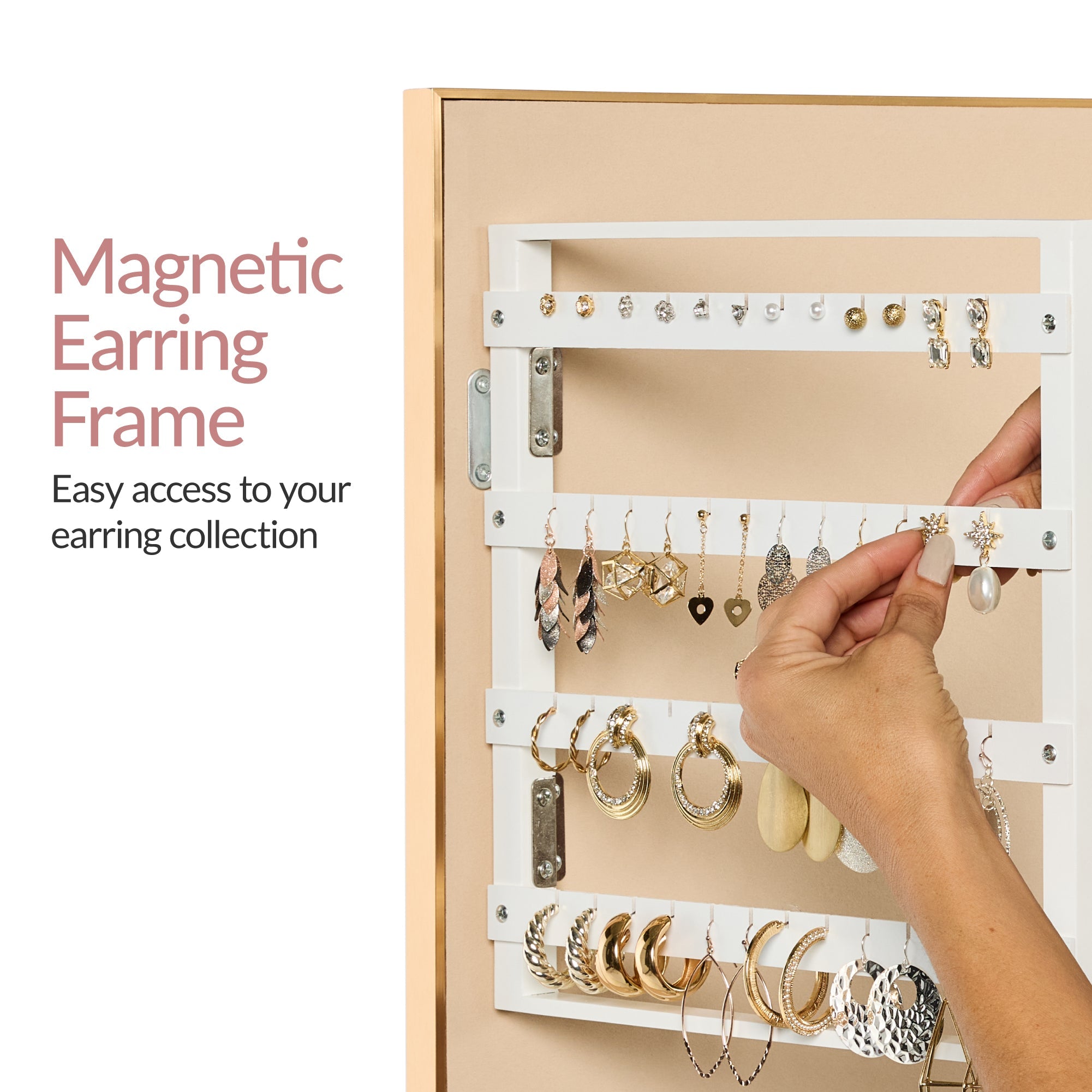 Rotating Mirror w/ Storage Cabinet Swivel Jewelry Armoire Shelves Hooks