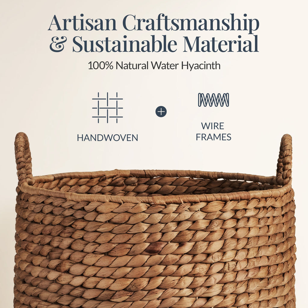 Round Storage Basket w/ Handles Handwoven Water Hyacinth Tote