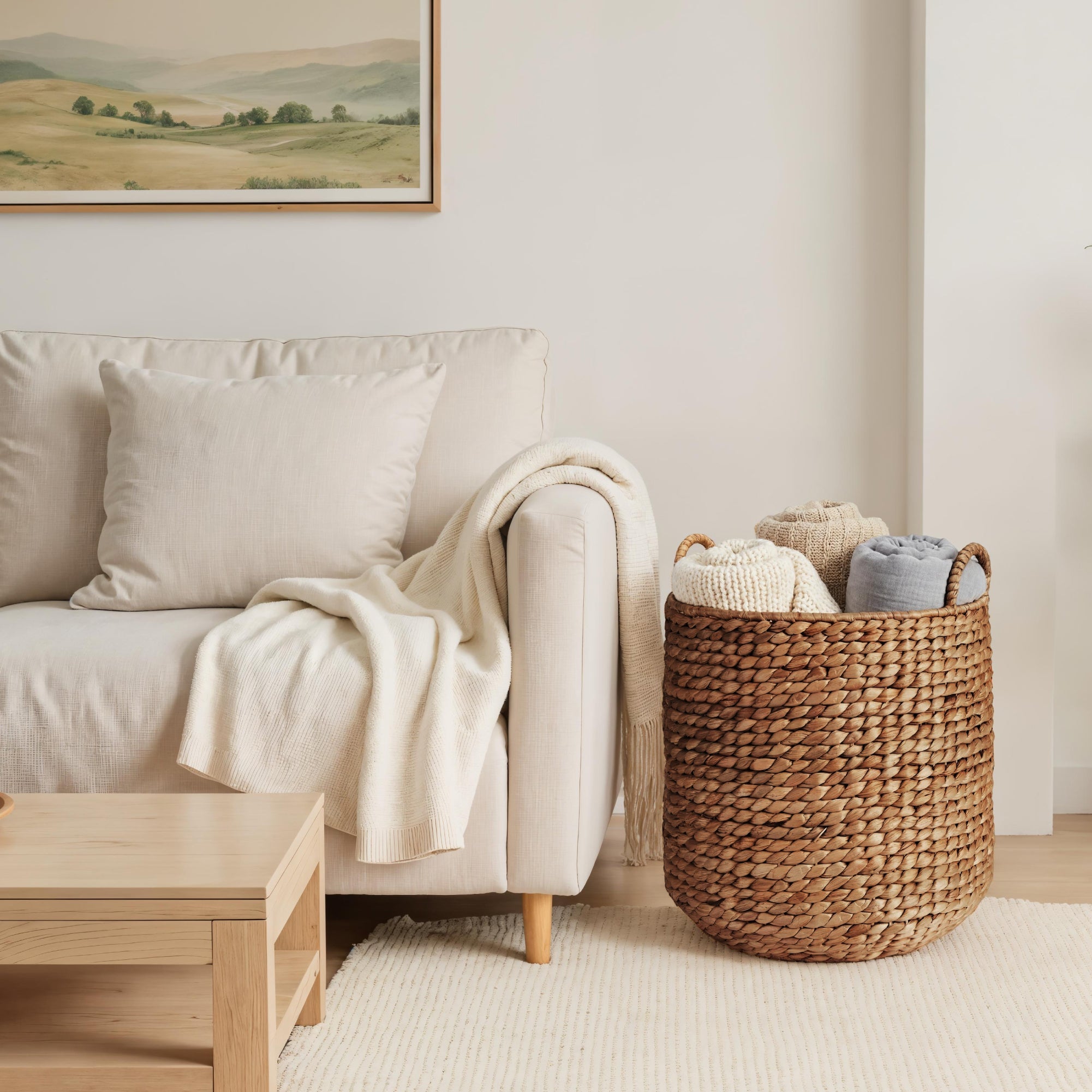 Round Storage Basket w/ Handles Handwoven Water Hyacinth Tote