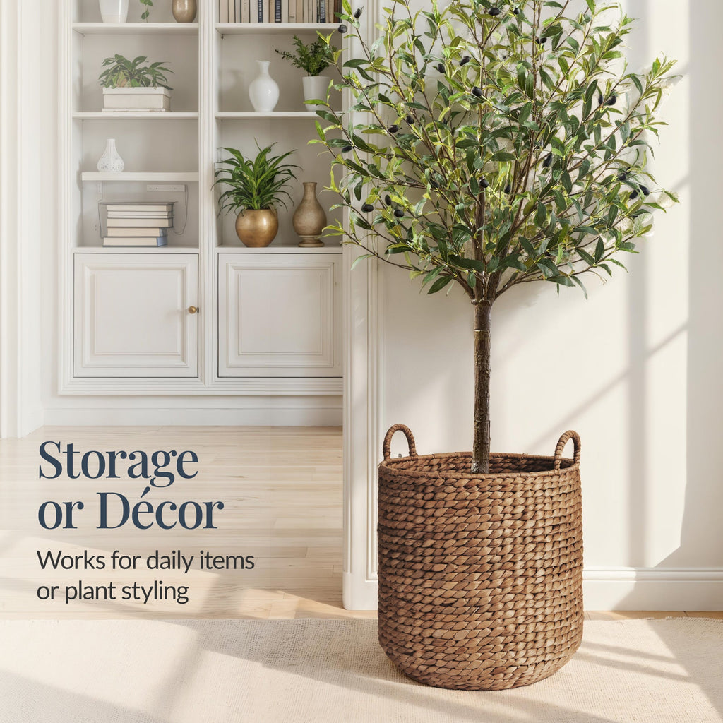 Round Storage Basket w/ Handles Handwoven Water Hyacinth Tote
