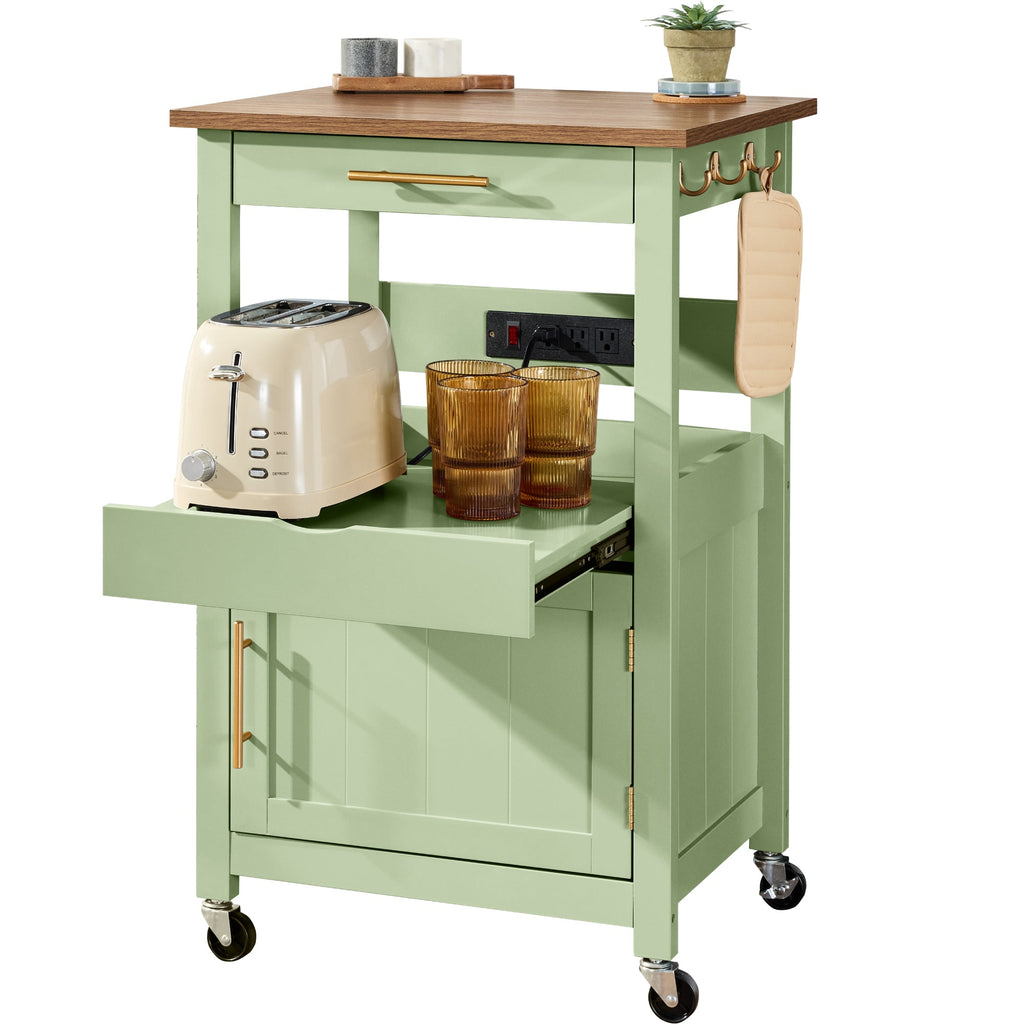 Rolling Kitchen Island Cart Cabinet W/ Drawer Sliding Tray Outlet Wheels