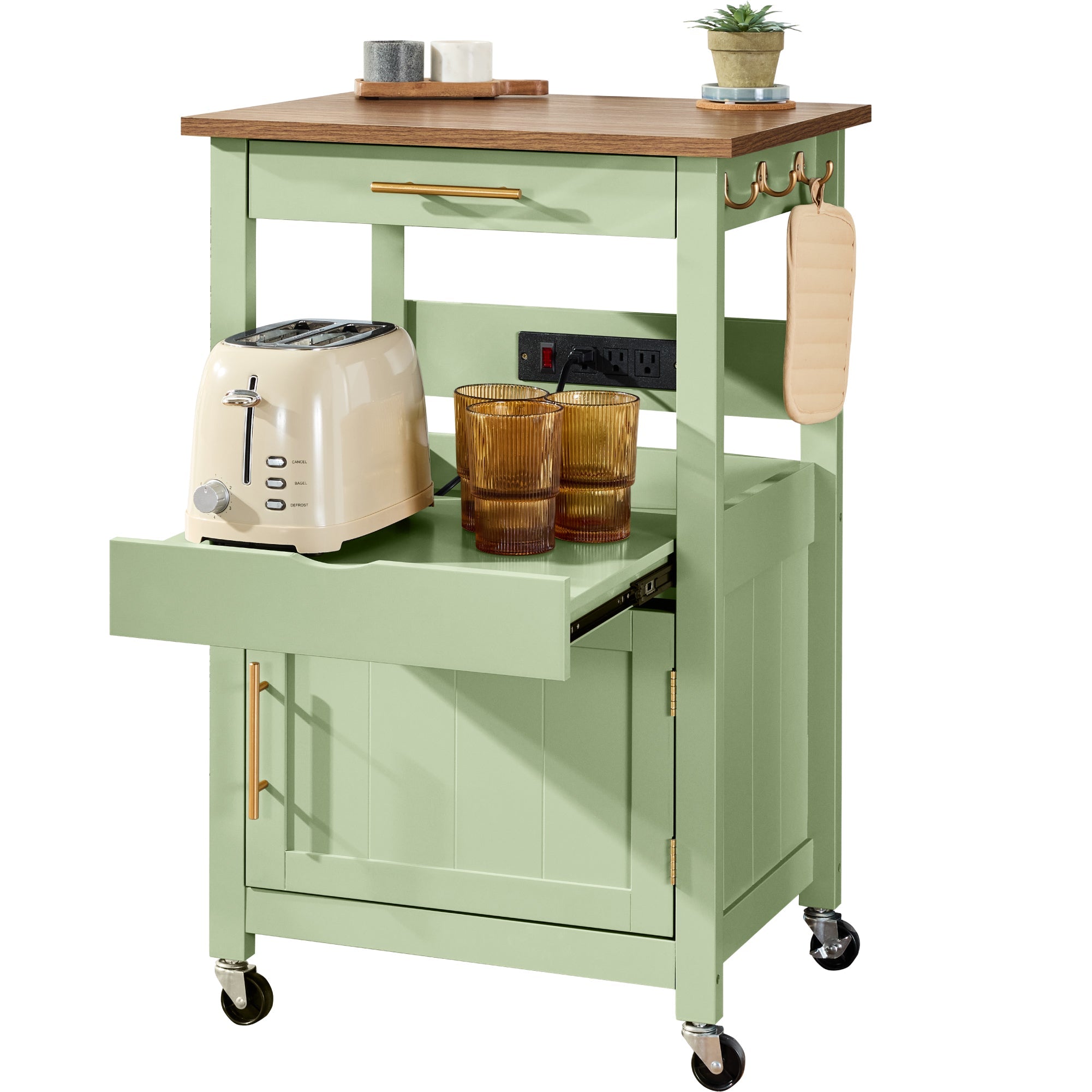 Rolling Kitchen Island Cart Cabinet W/ Drawer Sliding Tray Outlet Wheels