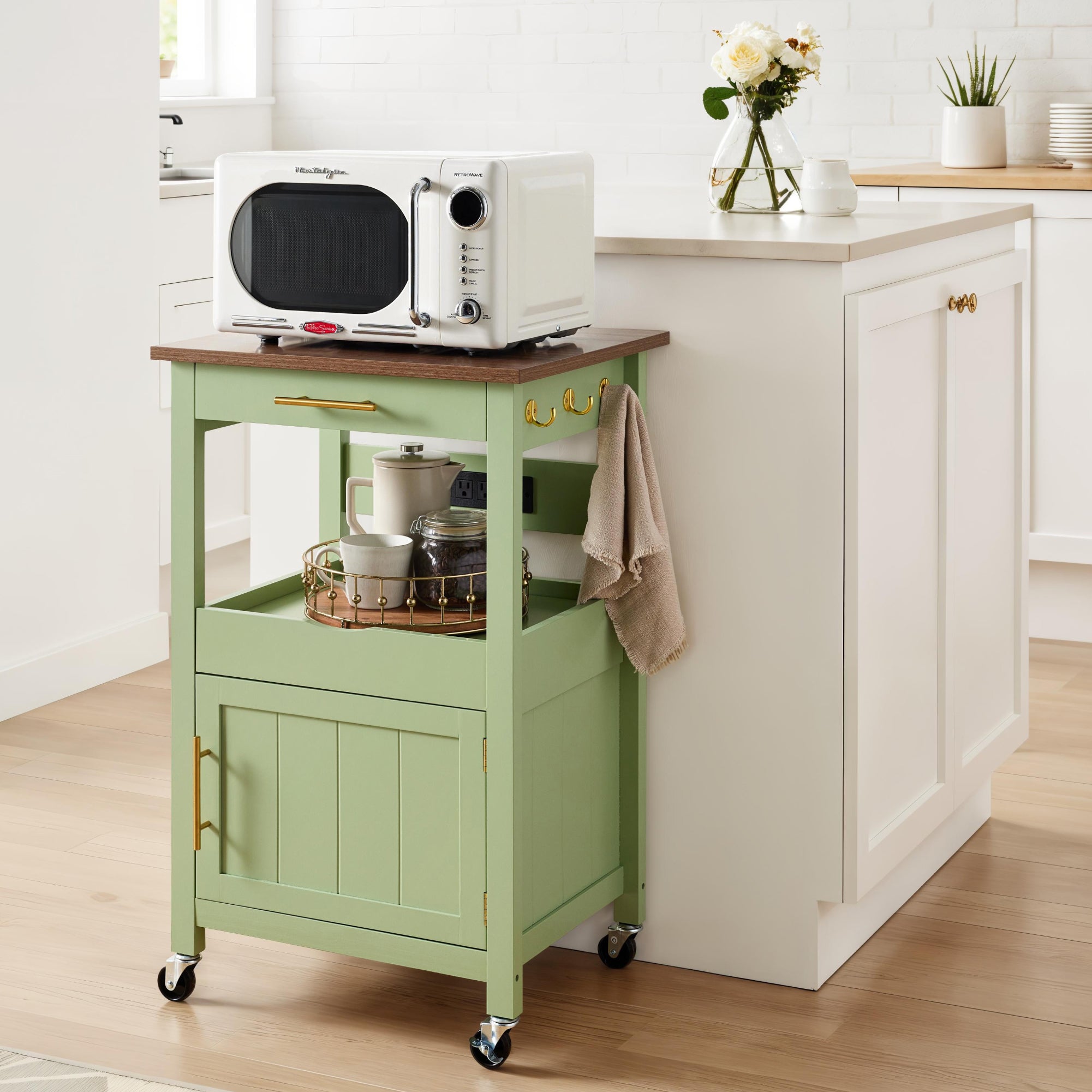 Rolling Kitchen Island Cart Cabinet W/ Drawer Sliding Tray Outlet Wheels