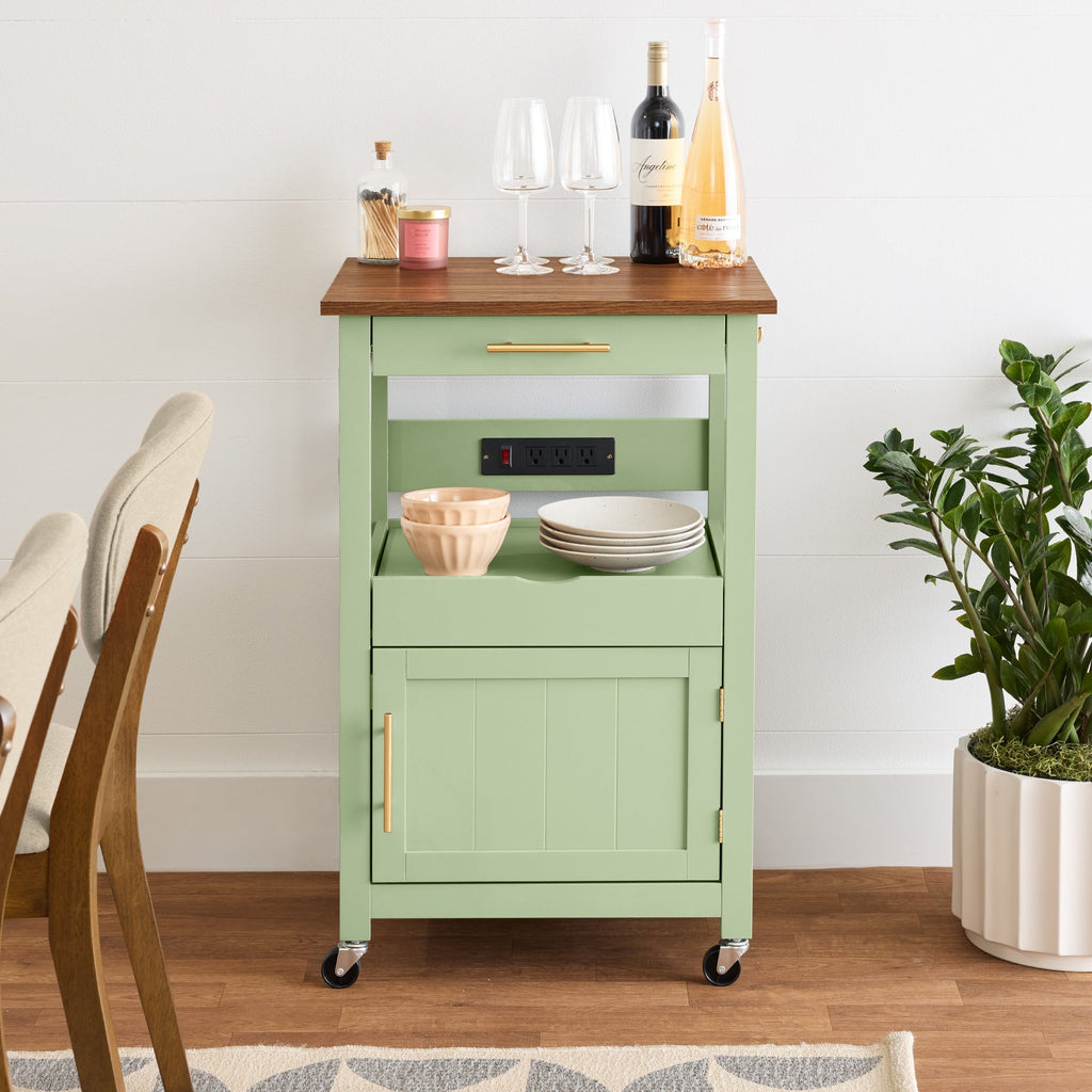 Rolling Kitchen Island Cart Cabinet W/ Drawer Sliding Tray Outlet Wheels
