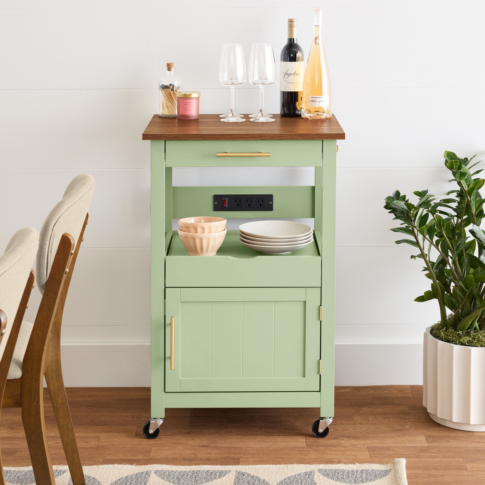 Rolling Kitchen Island Cart Cabinet W/ Drawer Sliding Tray Outlet Wheels