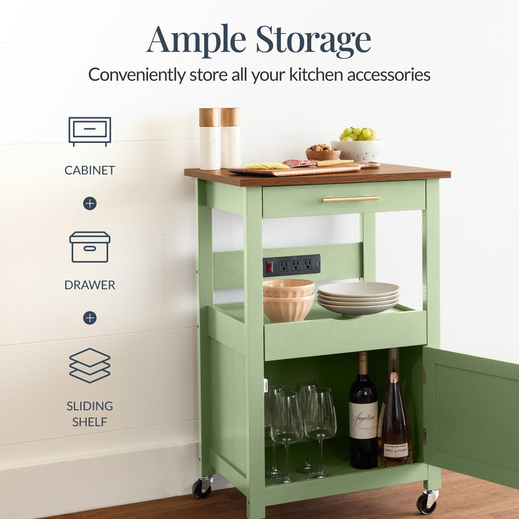 Rolling Kitchen Island Cart Cabinet W/ Drawer Sliding Tray Outlet Wheels