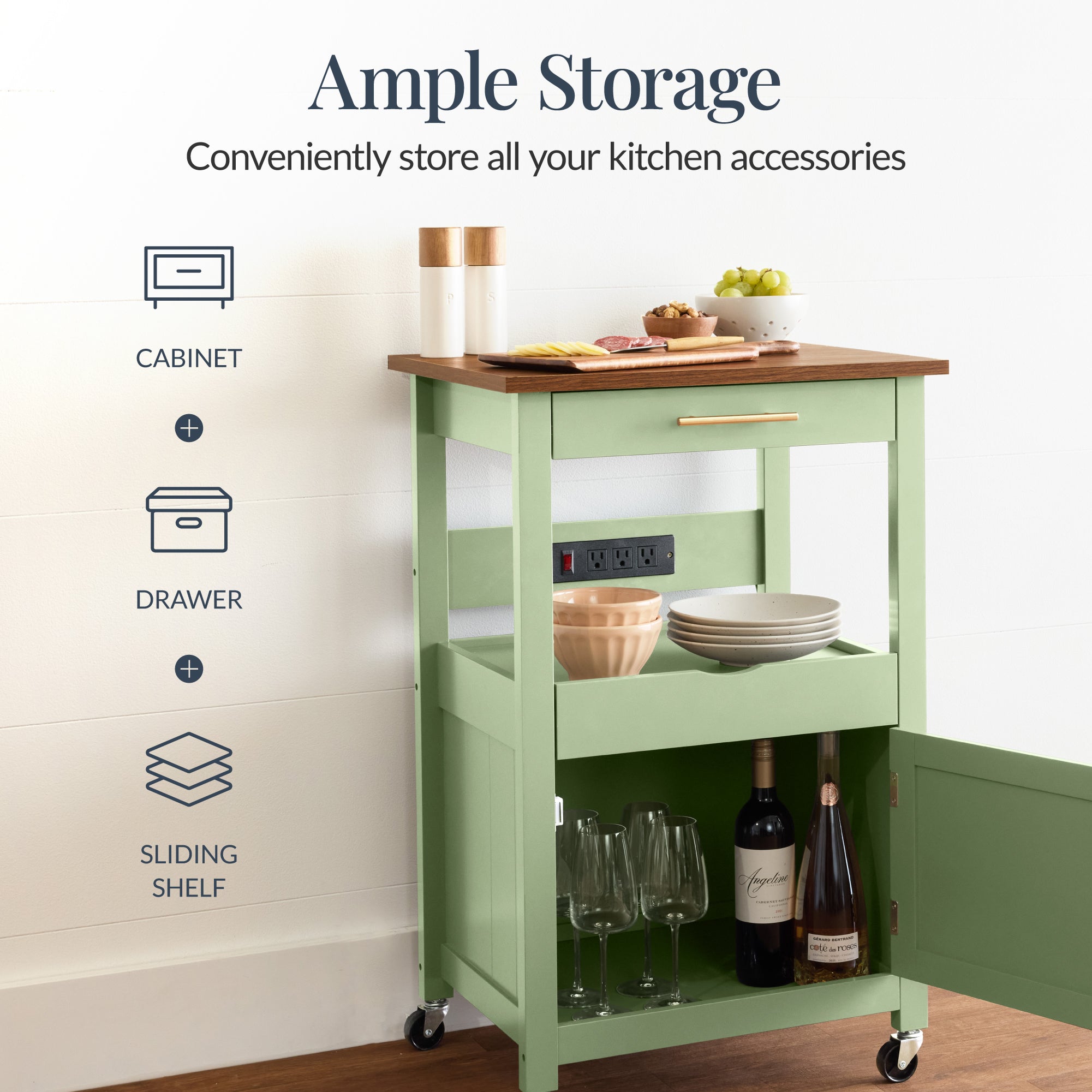 Rolling Kitchen Island Cart Cabinet W/ Drawer Sliding Tray Outlet Wheels