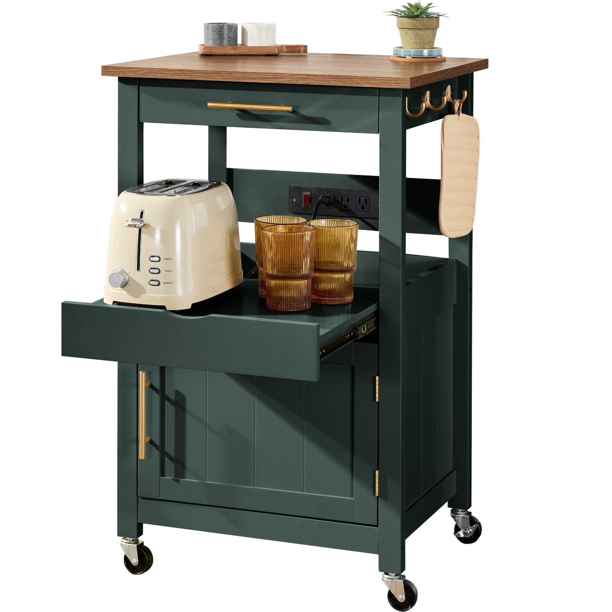 Rolling Kitchen Island Cart Cabinet W/ Drawer Sliding Tray Outlet Wheels