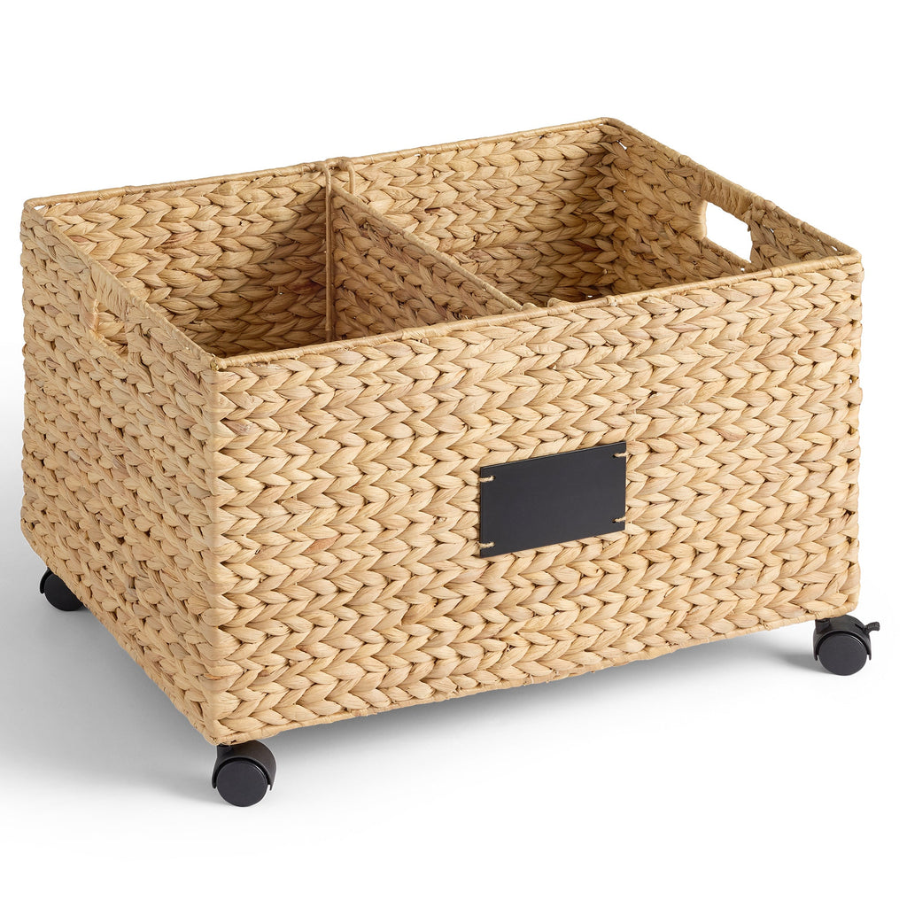 Rolling Pantry Storage Basket Organizer W/ Chalkboard Label Handles Removable Divider - Chestnut