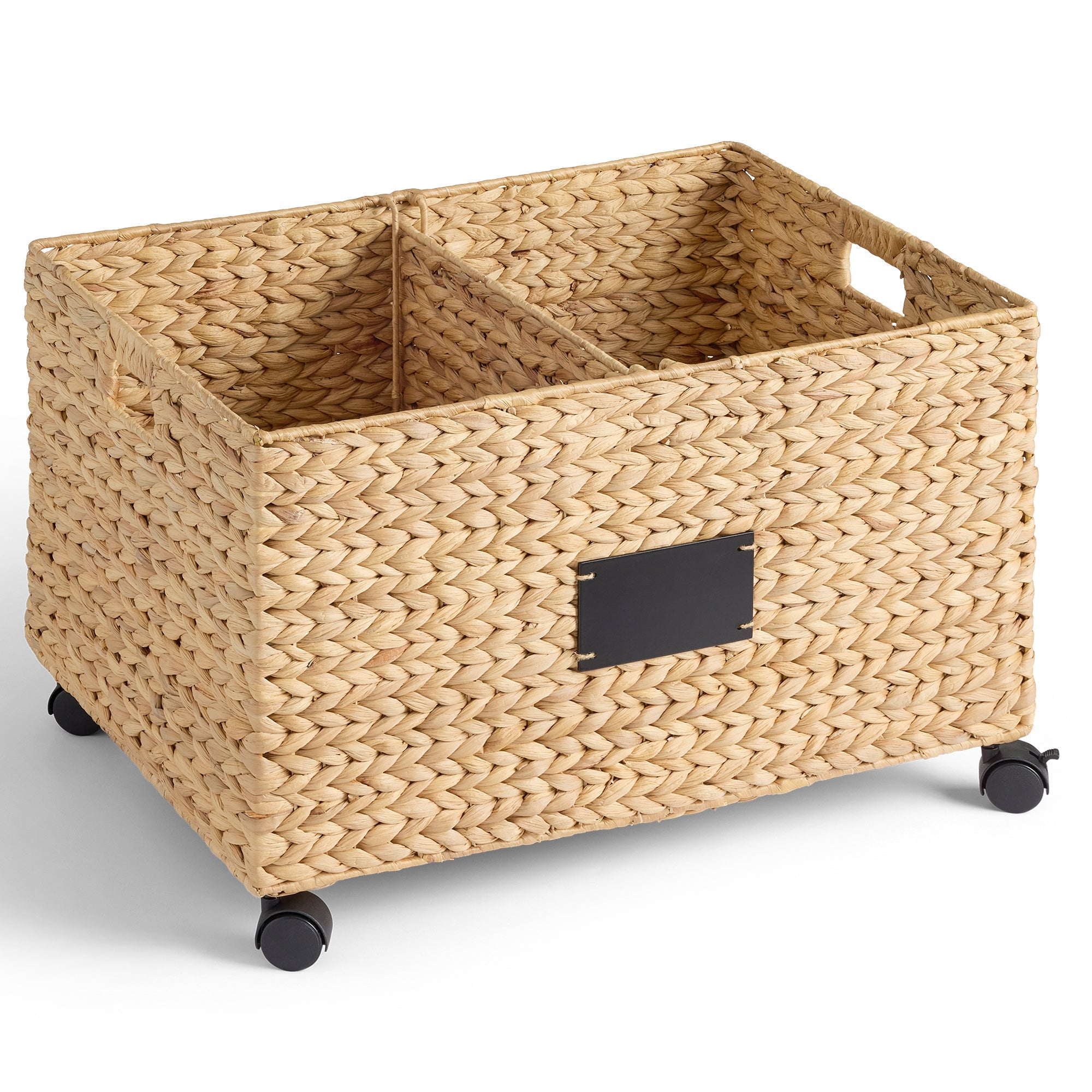 Rolling Pantry Storage Basket Organizer W/ Chalkboard Label Handles Removable Divider - Chestnut