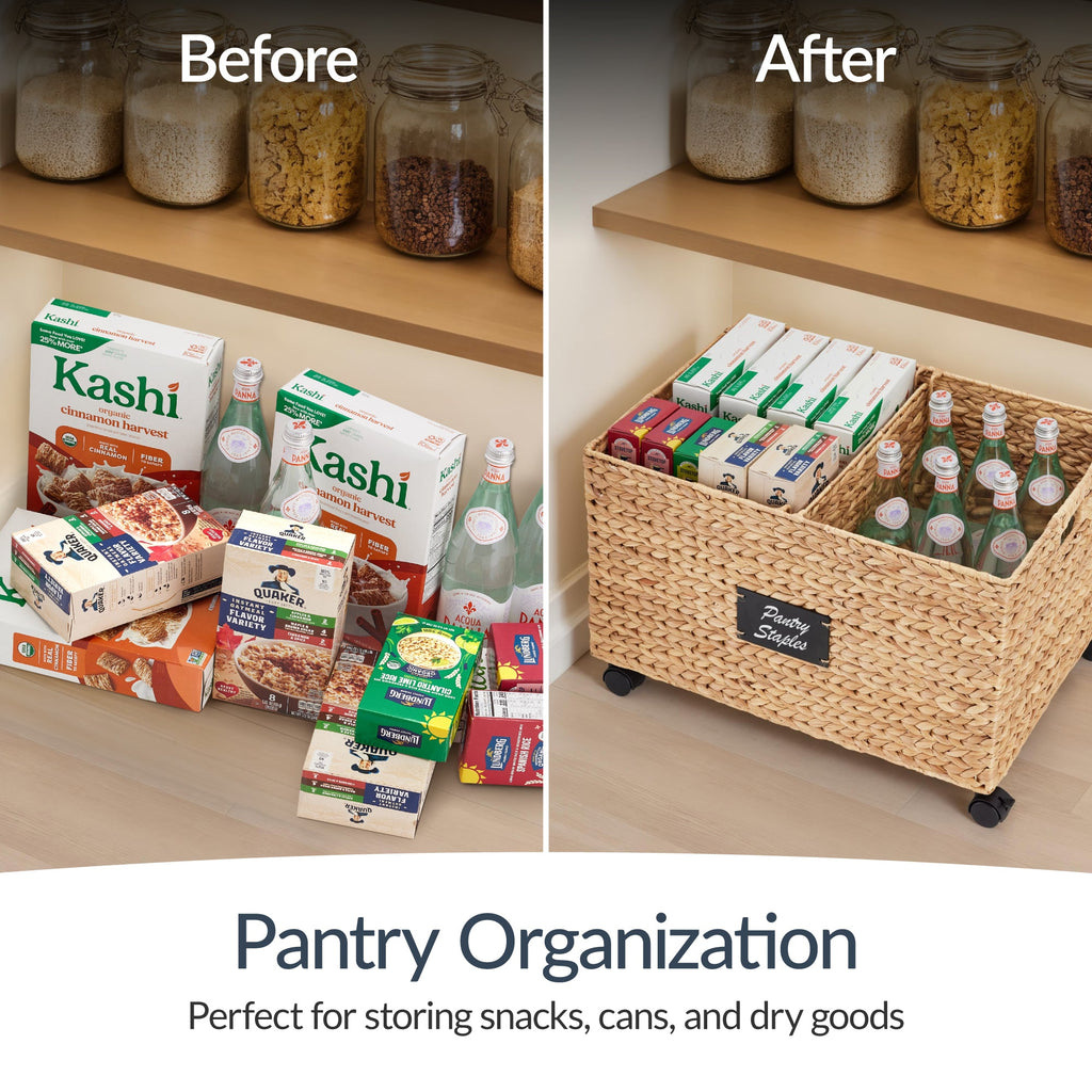 Rolling Pantry Storage Basket Organizer W/ Chalkboard Label Handles Removable Divider - Chestnut