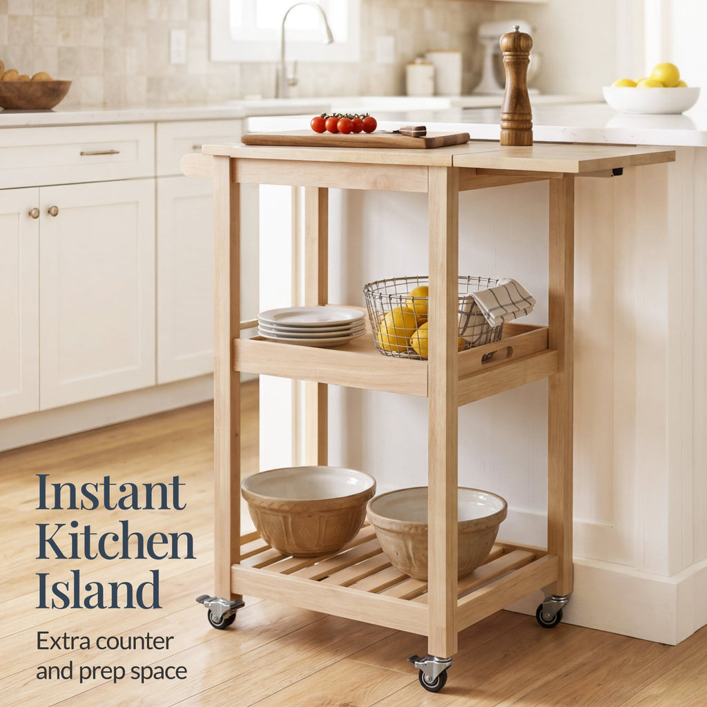 Rolling Kitchen Island Cart w/ Drop Leaf Extension Solid Wood