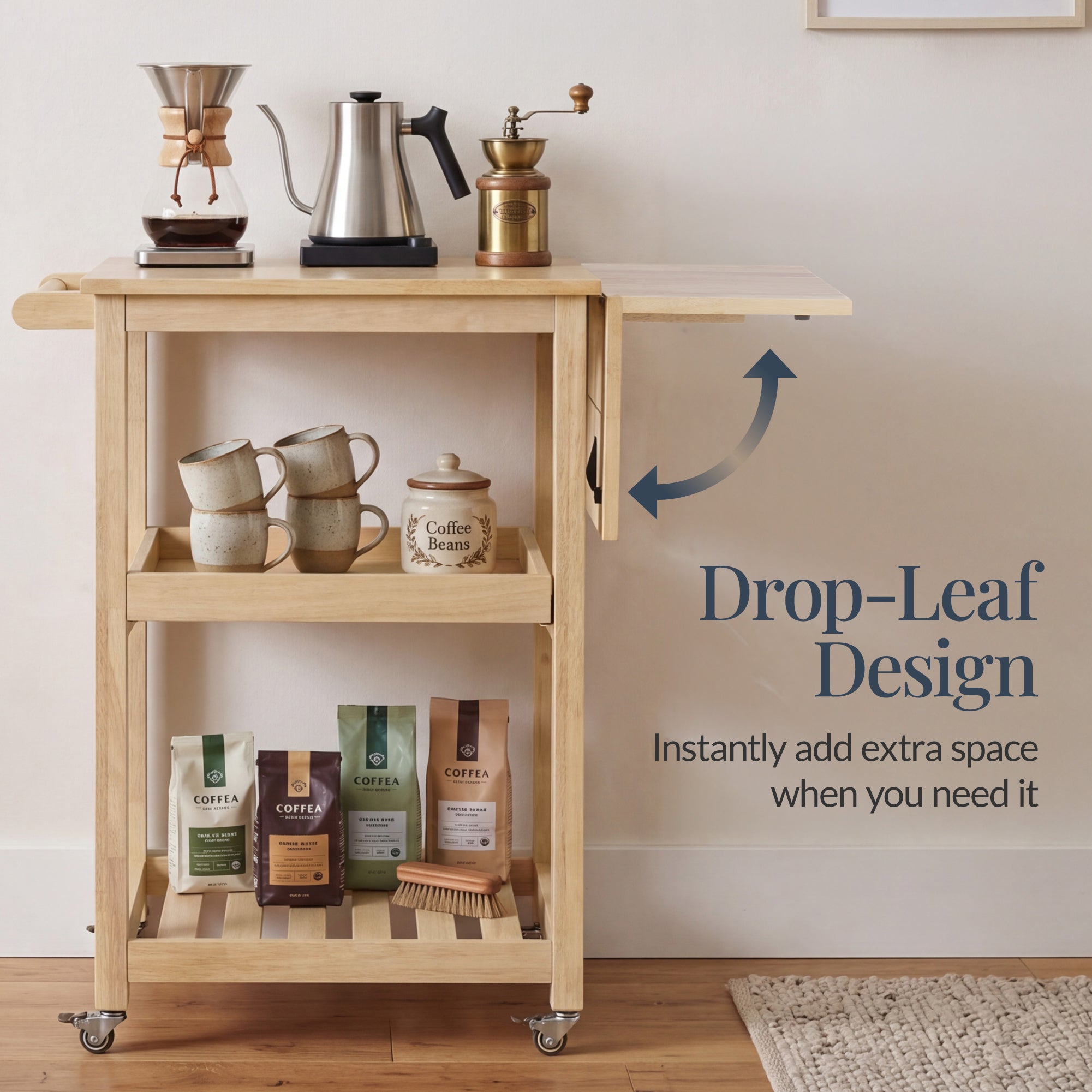 Rolling Kitchen Island Cart w/ Drop Leaf Extension Solid Wood