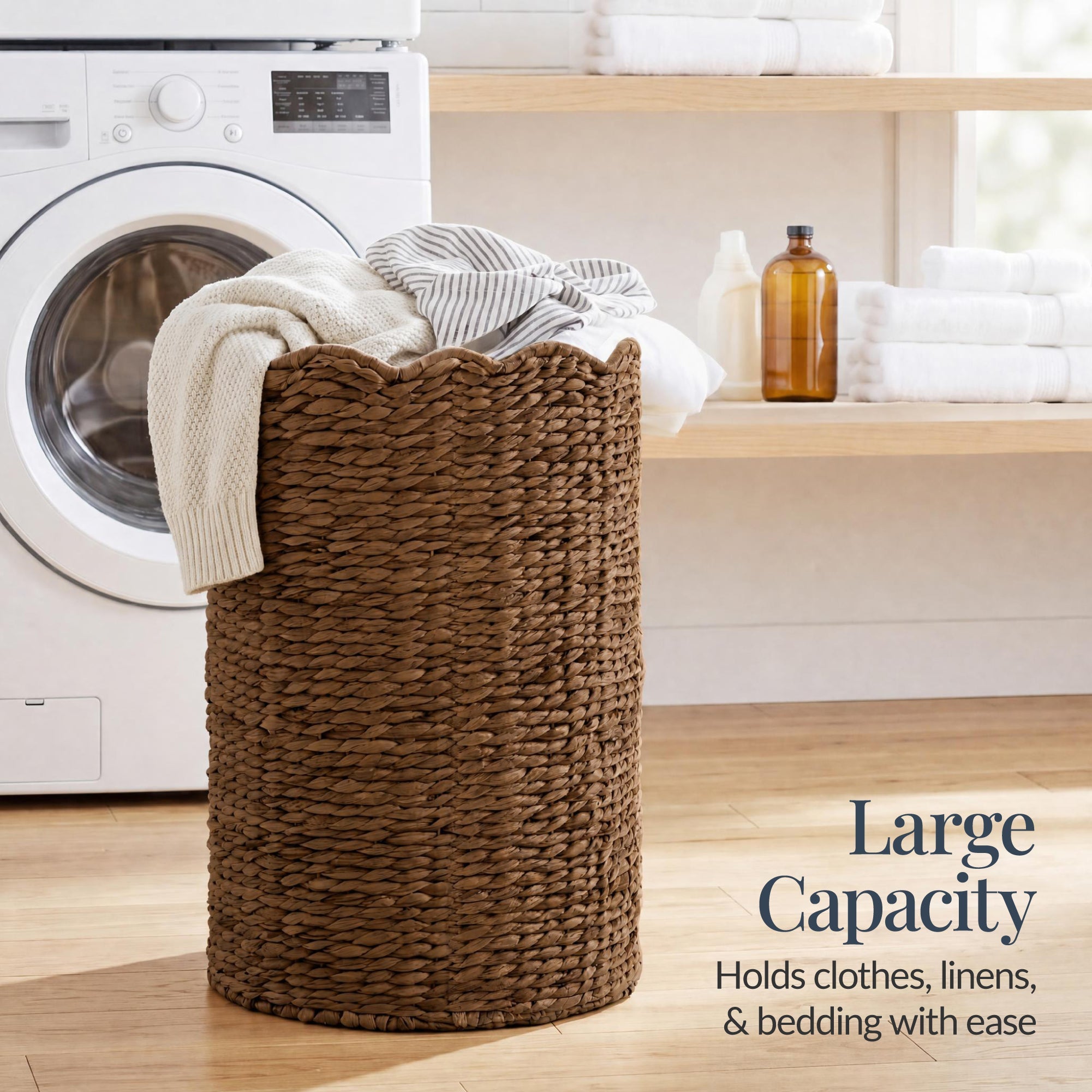 Scalloped Large Round Laundry Hamper Handwoven Laundry Basket