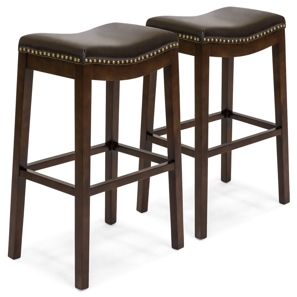Set of 2 31in Backless Bar Stool Accent Chairs w/ Faux Leather Brass Studs
