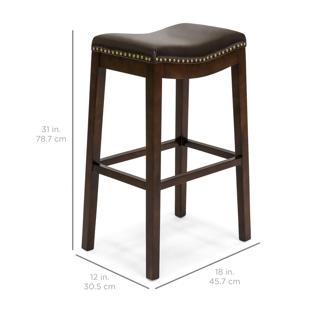 Set of 2 31in Backless Bar Stool Accent Chairs w/ Faux Leather Brass Studs