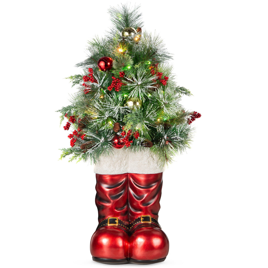 Santa Boots w/ Pre-Decorated Christmas Greenery Lights - 40in