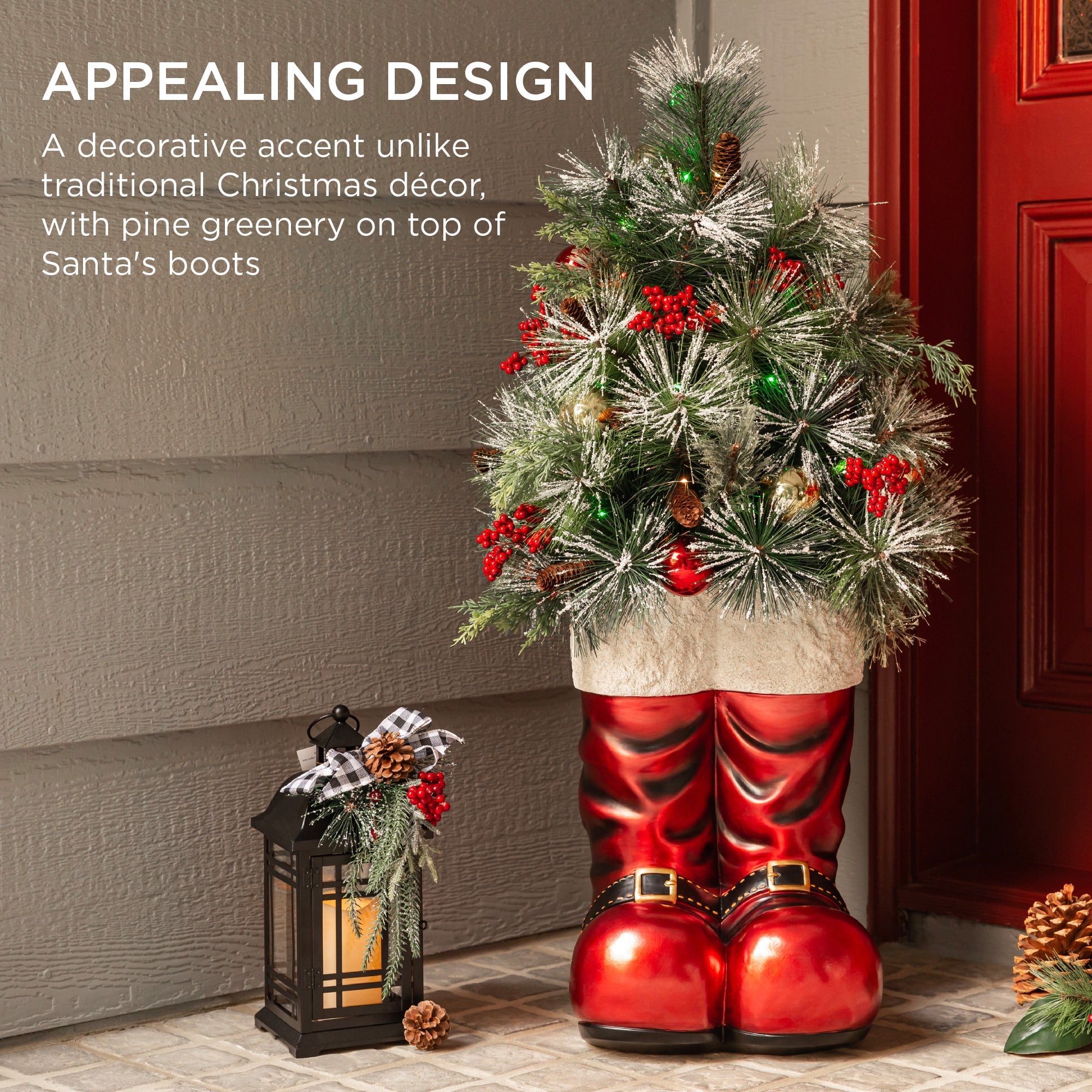Santa Boots w/ Pre-Decorated Christmas Greenery Lights - 40in