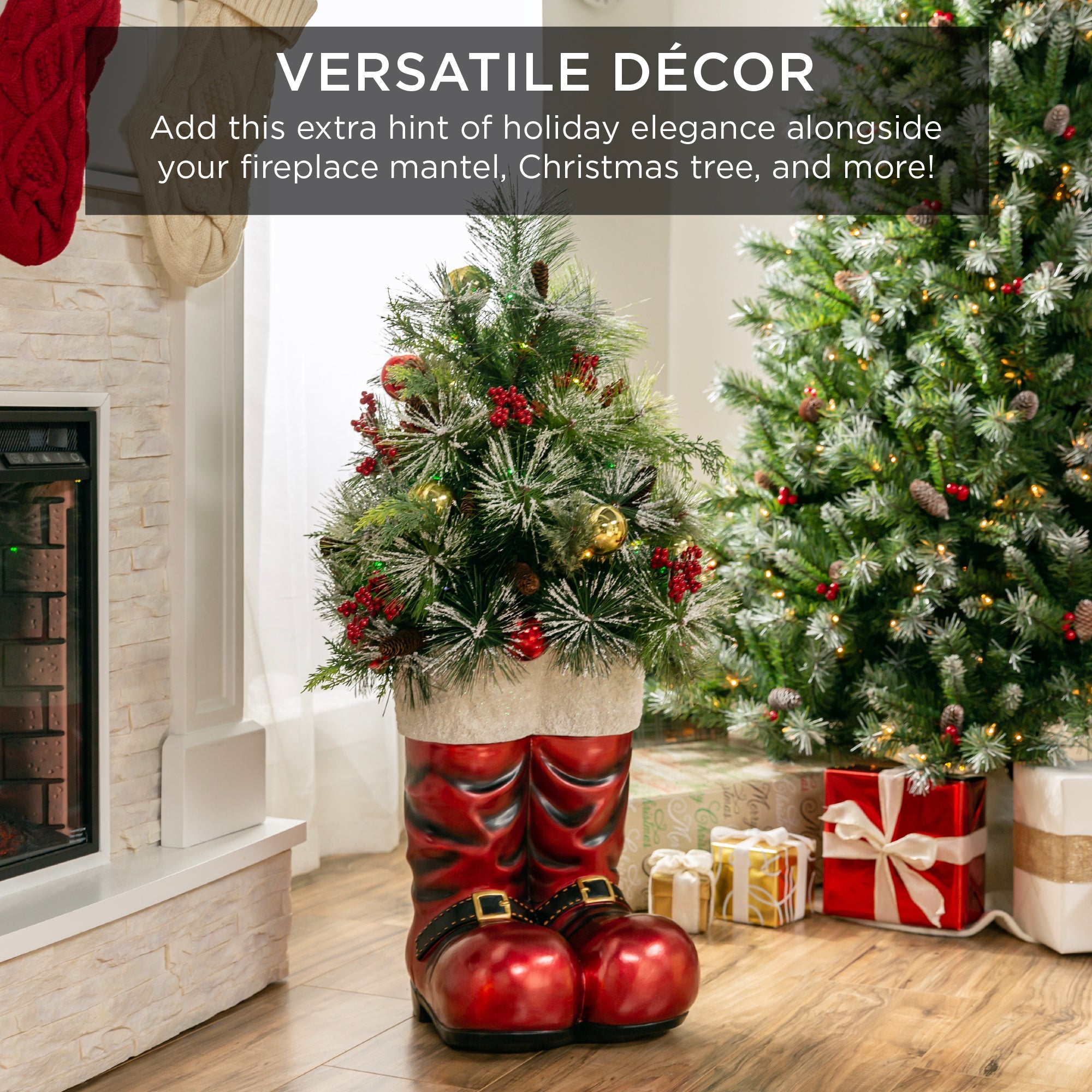 Santa Boots w/ Pre-Decorated Christmas Greenery Lights - 40in