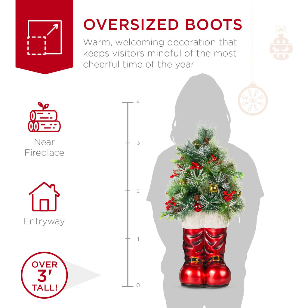 Santa Boots w/ Pre-Decorated Christmas Greenery Lights - 40in