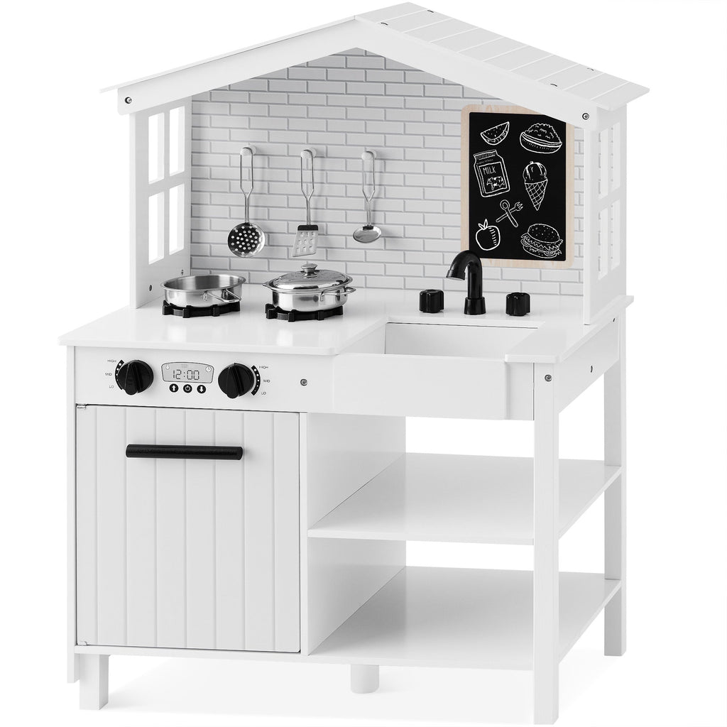 Pretend Play Wooden Farmhouse Kitchen Set w/ Storage 5 Accessories