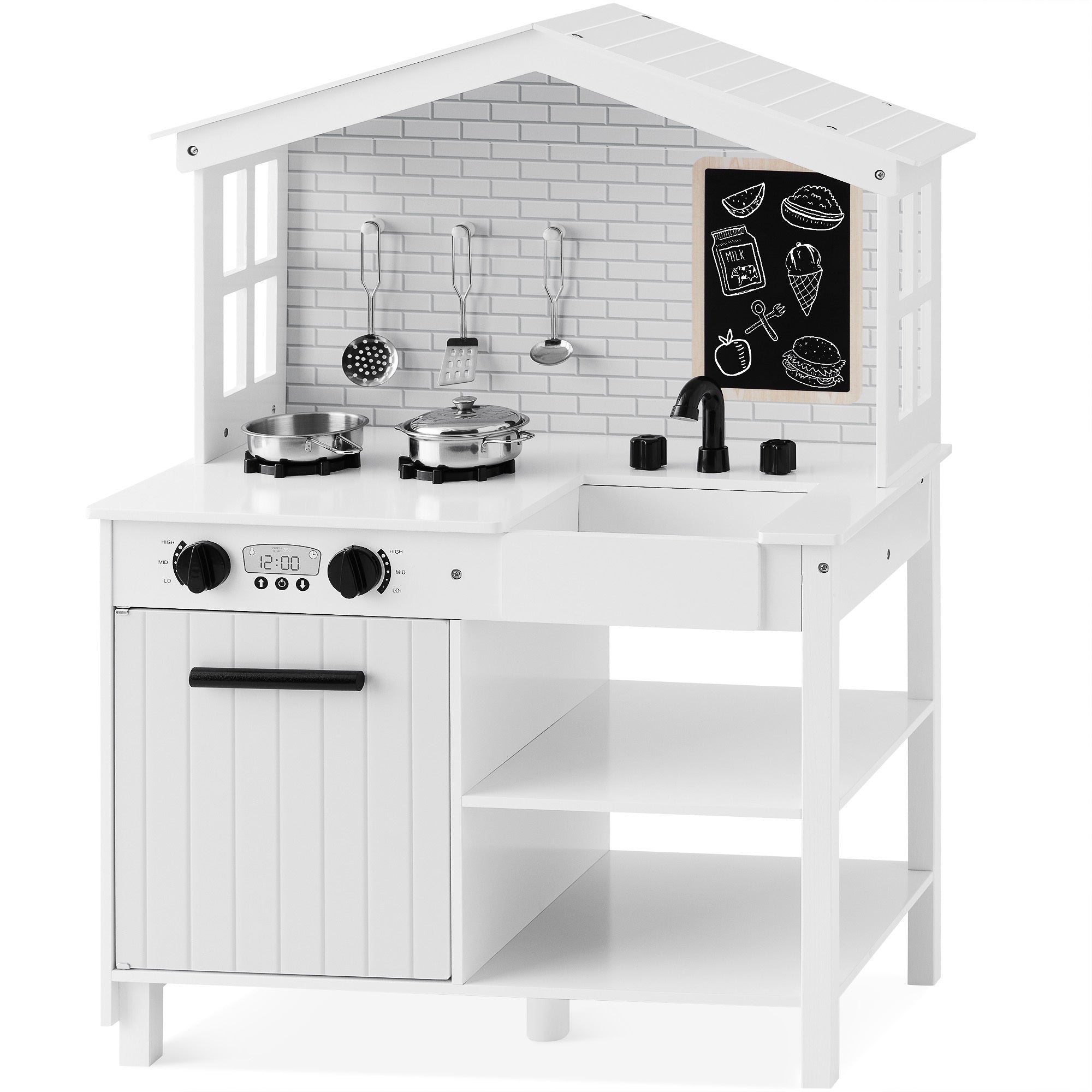 Pretend Play Wooden Farmhouse Kitchen Set w/ Storage 5 Accessories