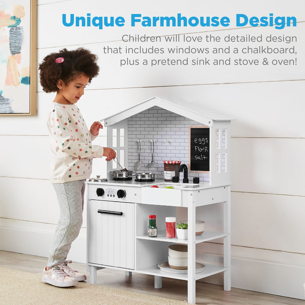 Pretend Play Wooden Farmhouse Kitchen Set w/ Storage 5 Accessories