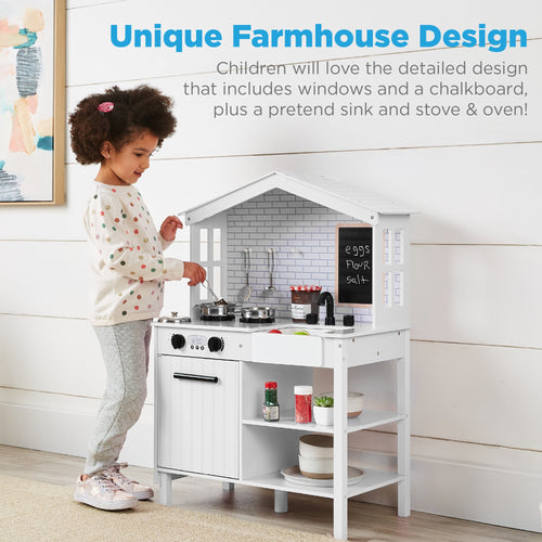 Pretend Play Wooden Farmhouse Kitchen Set w/ Storage 5 Accessories