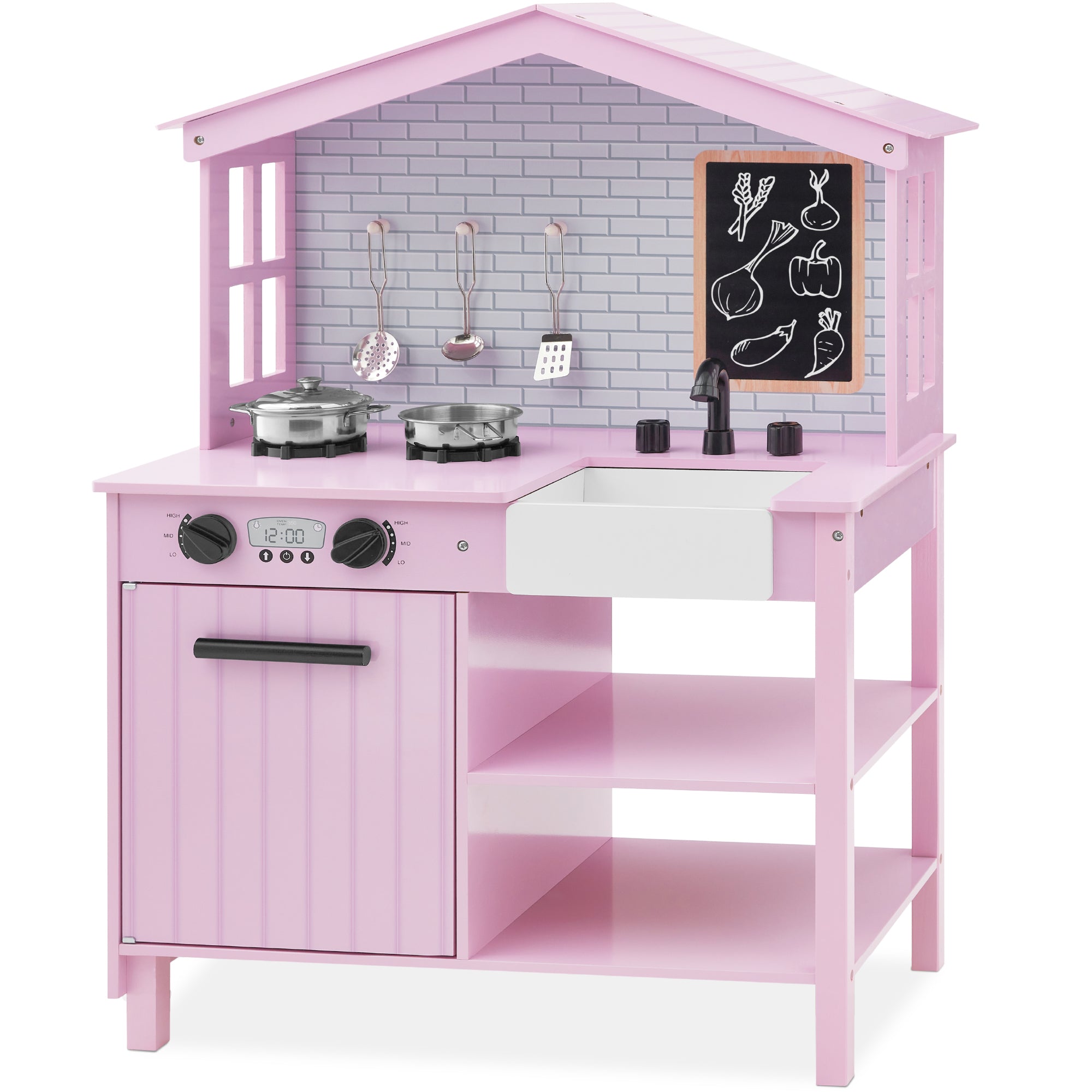 Pretend Play Wooden Farmhouse Kitchen Set w/ Storage 5 Accessories