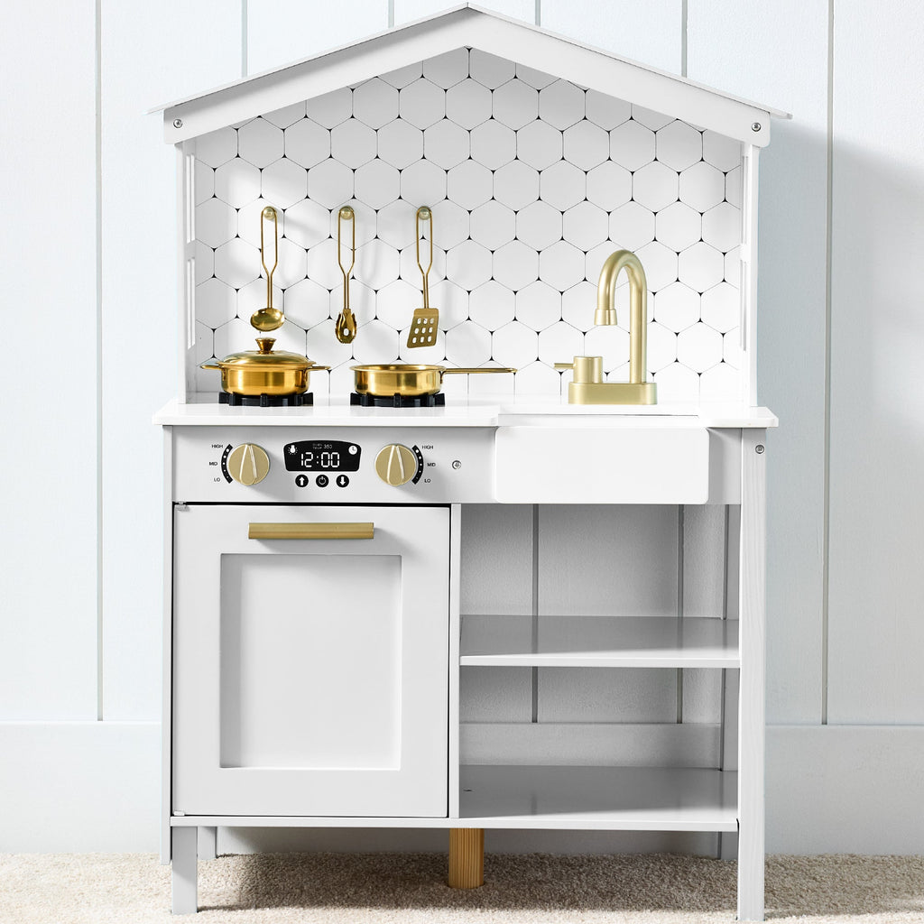 Pretend Play Wooden Farmhouse Kitchen Set w/ Storage 5 Accessories