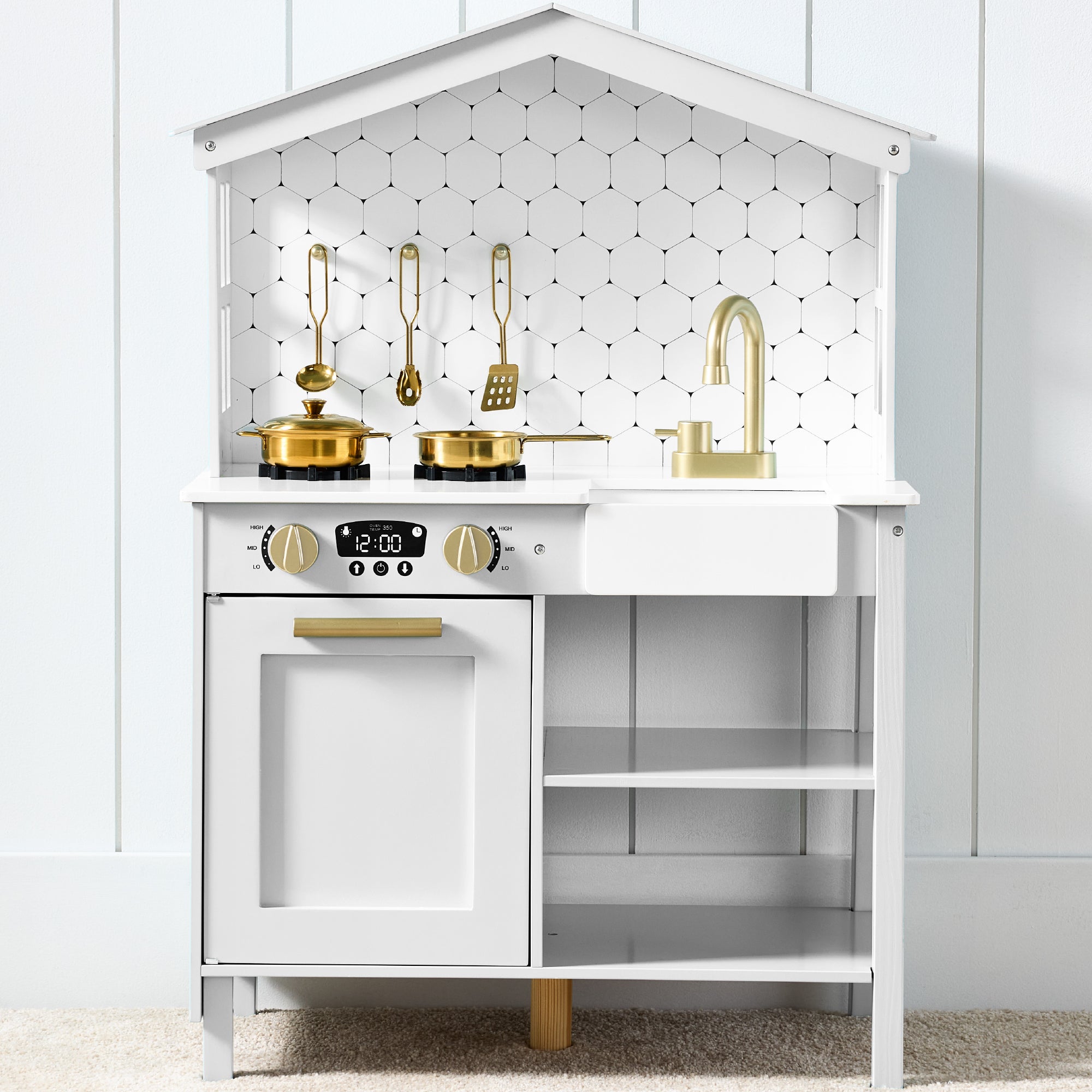Pretend Play Wooden Farmhouse Kitchen Set w/ Storage 5 Accessories