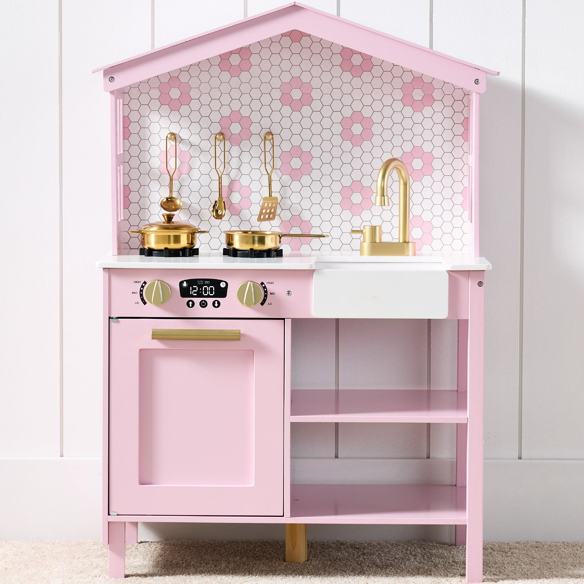 Pretend Play Wooden Farmhouse Kitchen Set w/ Storage 5 Accessories