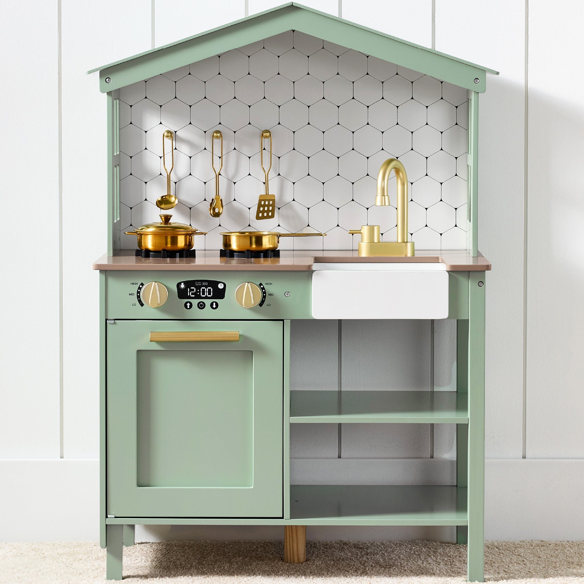 Pretend Play Wooden Farmhouse Kitchen Set w/ Storage 5 Accessories