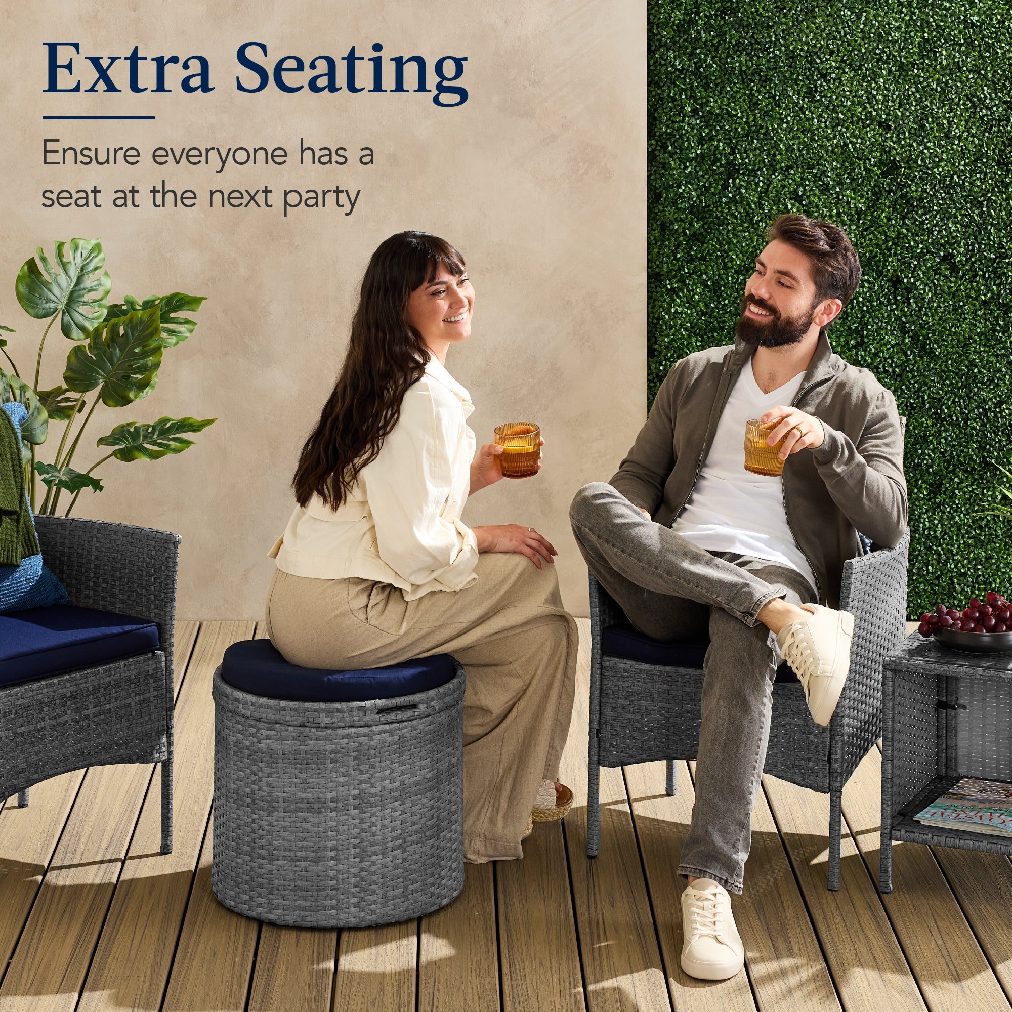Round Wicker Ottoman Multipurpose Furniture w/ Removable Cushion