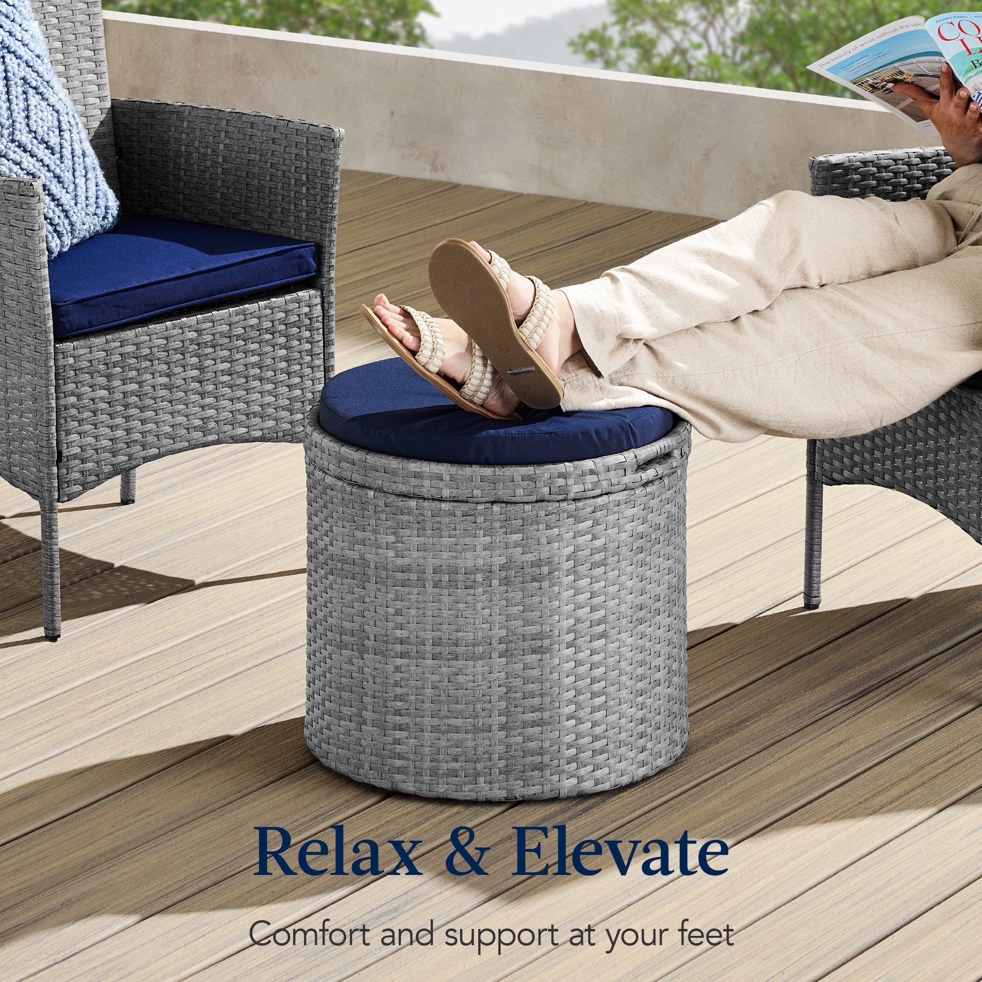 Round Wicker Ottoman Multipurpose Furniture w/ Removable Cushion
