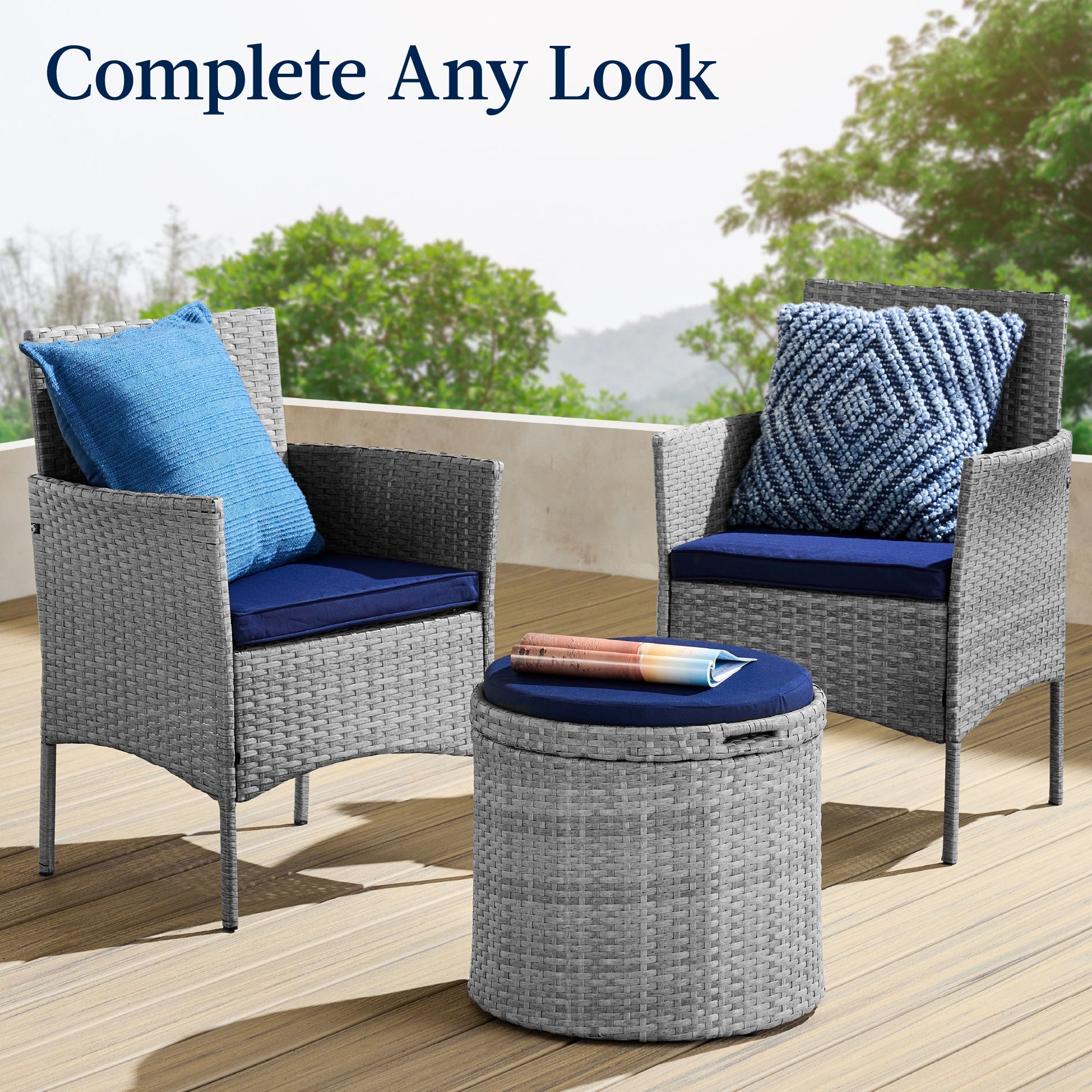 Round Wicker Ottoman Multipurpose Furniture w/ Removable Cushion