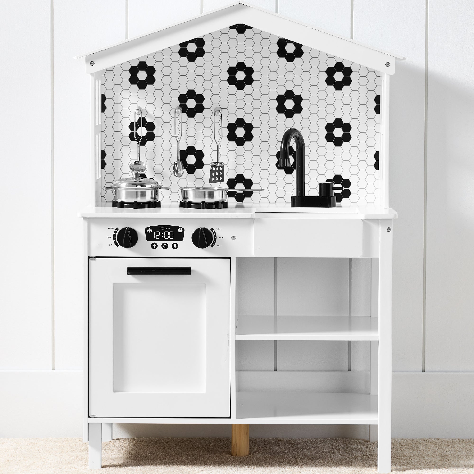 Pretend Play Wooden Farmhouse Kitchen Set w/ Storage 5 Accessories
